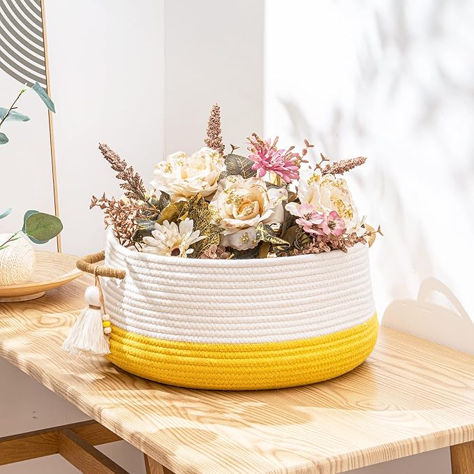 KAKAMAY Woven Baskets for Storage(16"x8"),Blanket Basket for Organizing Living Room,Cotton Rope Basket Woven Baby Laundry Hamper,Collapsible Laundry Room Organization,Clothes,Toy Chest(Yellow)