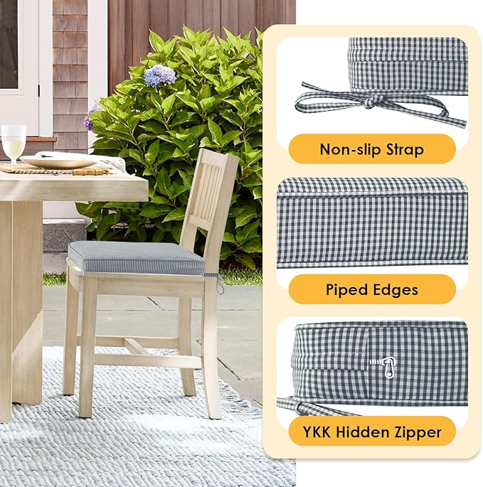 Outdoor Square Corner Seat Cushion, 19"x19"x3", Set of 4, Non Slip Seat Cushion Pads with Removable Cover for Patio Furniture, Garden Yard Lawn, Black White Mini Check