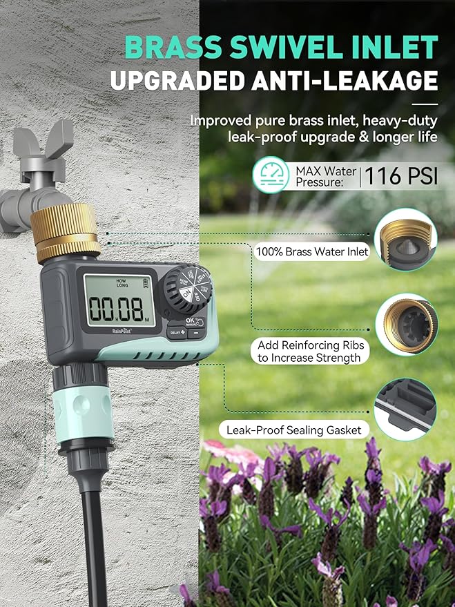 RAINPOINT Sprinkler Timer with Brass Swivel, Water Timer for Garden Hose, Programmable Hose Timer with Rain Delay/Manual Watering, Digital Irrigation Timer System for Lawns, 1 Outlet