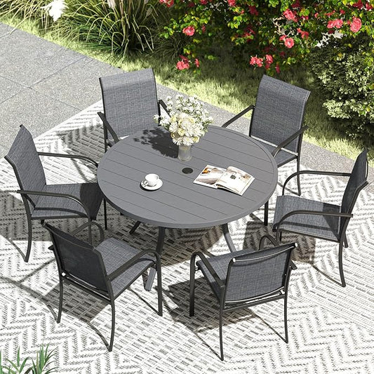 VICLLAX Patio Dining Set for 6, Outdoor Furniture Set Includes 47.2" Round Patio Table and 6 Patio Sling Chairs, Grey Tabletop and Grey Fabric