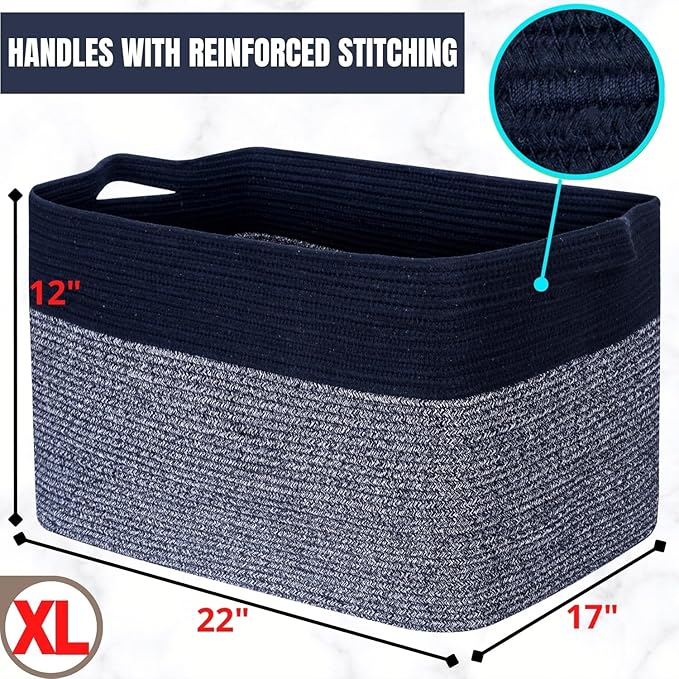 MINTWOOD Design 22in Extra Large Blanket Basket Holder for Living Room, Rectangle Rope Woven Storage Bin with Handles for Laundry, Pool Towels, and Shoes, Dog Toy Box Organizer, Navy Blue