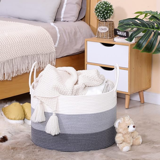 KAKAMAY Large Blanket Basket (20"x13"),Woven Baskets for storage Baby Laundry Hamper,Cotton Rope Blanket Basket for Living Room, Laundry, Nursery, Pillows, Baby Toy chest with Handles (White/Grey)