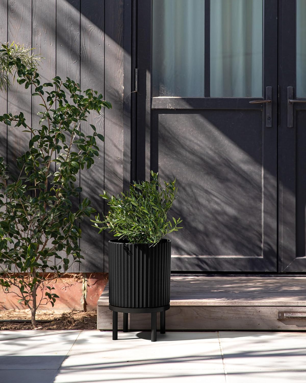 Veradek Demi Series Round Planter w/Stand for Porch/Patio | Durable Plastic-Stone Composite & Wooden Stand | Modern Décor for Tall Plants, Flowers