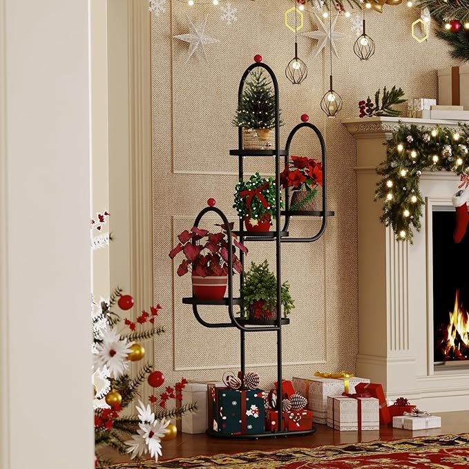Bamworld Cactus Plant Stand Indoor for Succulents Christmas Decor Corner Metal Flower Pot Stands 5 Tier Plant Shelf for Patio Garden Balcony Living Room Decor Black Designer Edition