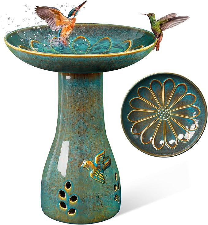 Ceramic Bird Bath for Outdoors, 21.5 inch Heavy Duty Bird Bath,Weather-Resistant Birdbath for Outdoor Garden Use, Attracts Birds, Elegant Yard Décor - Blue