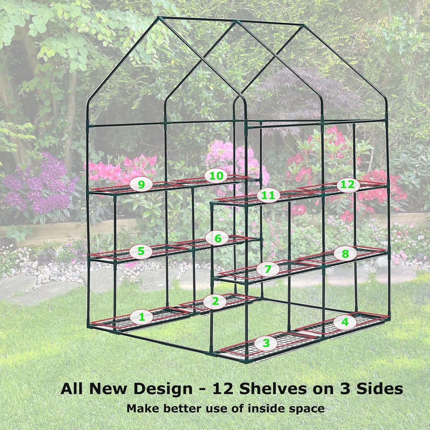 Walk-in Greenhouse w/ Roll-Up Zipper Door & Screen Windows-3 Tiers 12 Shelves 56x56x76β PE Greenhouse for Outdoor Gardening Plants Cold Frost Protection Wind Rain Proof(PLGHW002G-N)
