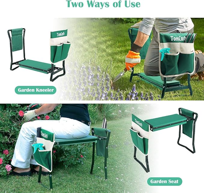 TomCare Garden Kneeler Seat Garden Bench Garden Stools Foldable Stool with Tool Bag Pouch EVA Foam Pad Outdoor Portable Kneeler for Gardening(Large-21.65" x 10.62" x 18.89", Green)