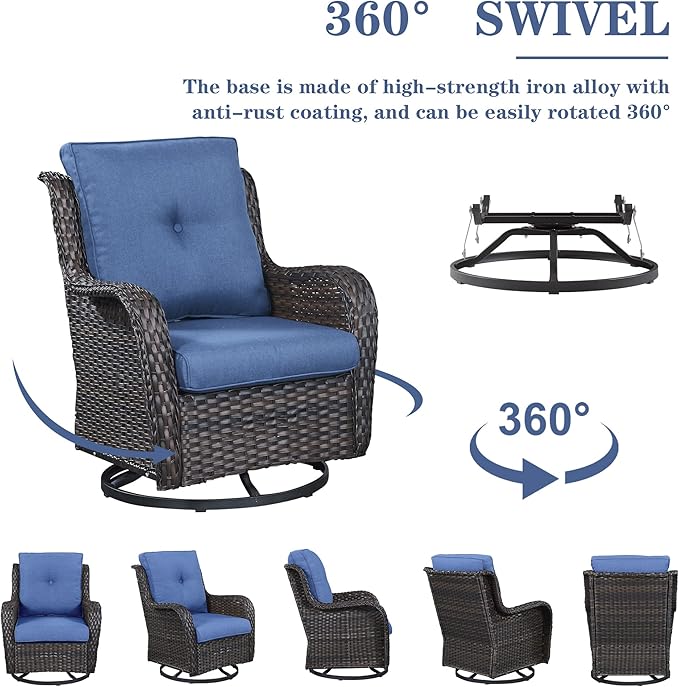 Outdoor Wicker Furniture Patio Set - 7 Piece Backyard Furniture Brown Rattan Conversation Sets with Swivel Rocker Chairs, Rattan Sofa, Club Chairs and Coffee Table, Blue Cushion