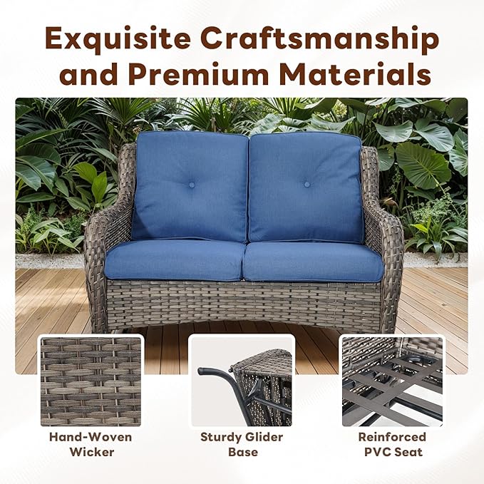 4 Piece Patio Furniture Set with Fire Pit Table - 41inch 50000 BTU Propane Fire Pit Table with High Back Loveseat Glider Chair and 2 Swivel Rocker Chair for Casual Gathering