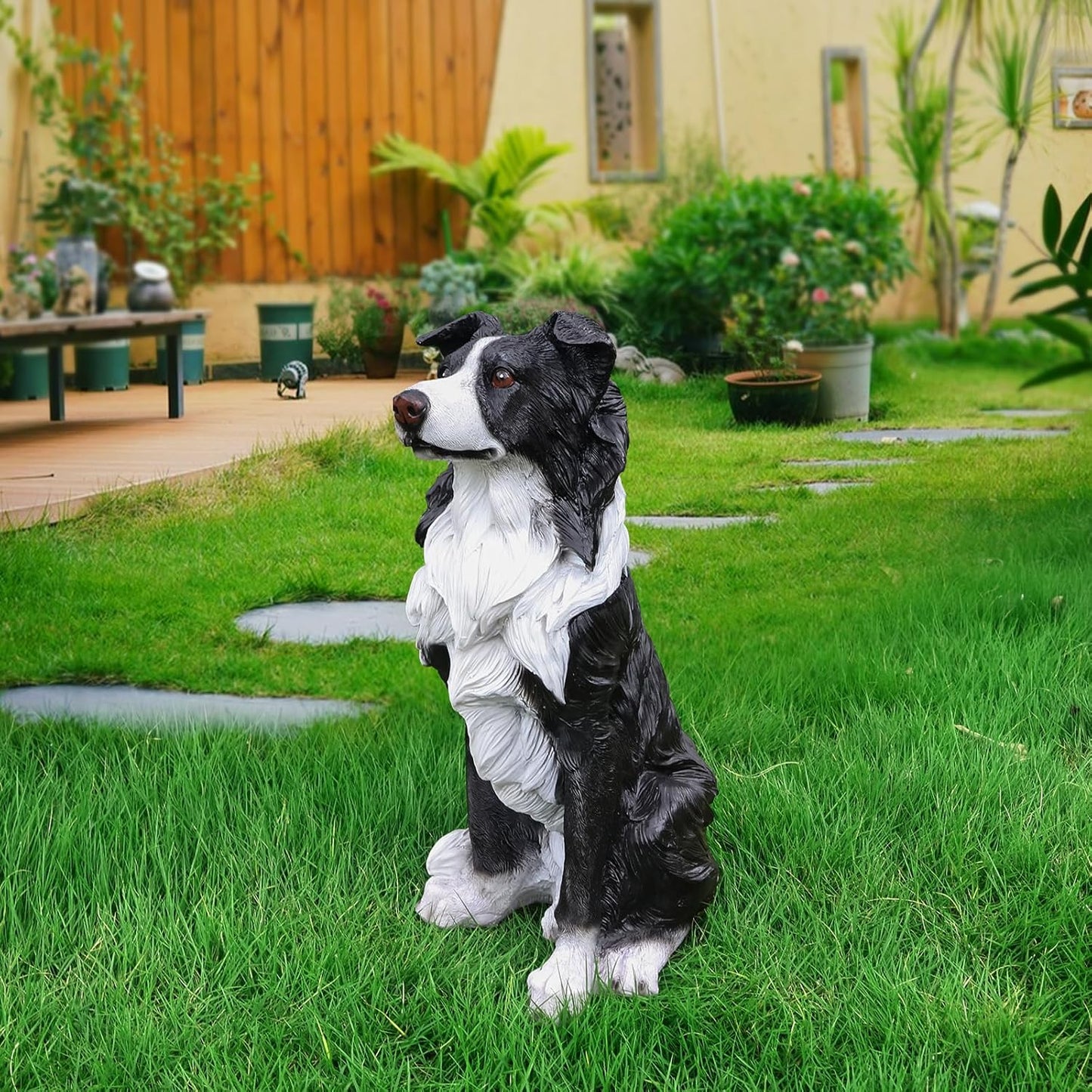 Border Collie Solar Welcome Statue, Hand-Painted Resin Sitting Dog Figurine with Lantern and Dual Wooden-Style Signs, Intelligent Guardian Sculpture for Garden and Porch Décor
