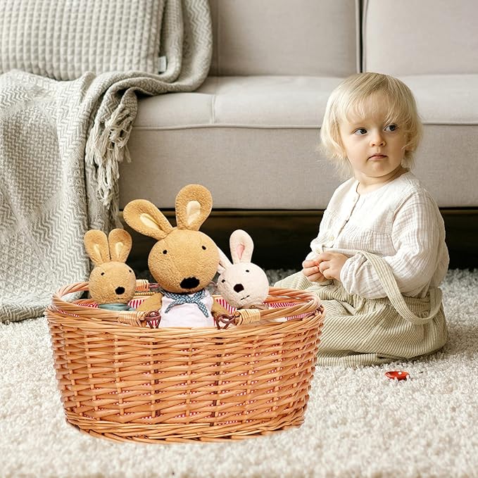 Wicker Picnic Basket with Double Folding Handles, Natural Large Willow Hamper Empty Basket Cheap Easter Eggs Candy Storage Wine Basket for Toy, Flower, Wedding(Red 16inch)