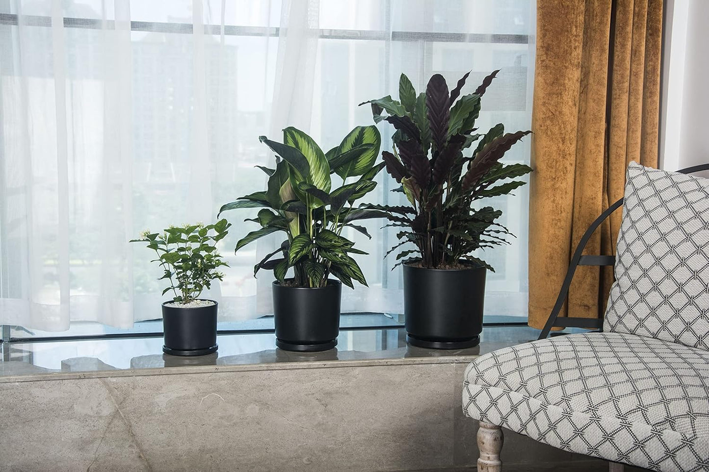 Ekirlin 9 inch Plant Pots,Ceramic Flower Planters Indoor,Modern Succulents Containers with Drain Hole Saucer,Decorate Home,Office & Outdoor (Black)