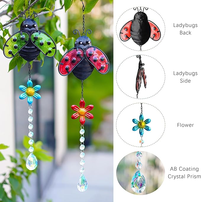 19'' Crystal Garden Suncatcher Decor Set 2 Stained Glass Metal Ladybugs Window Hanging Crystal Prisms Suncatcher for Outdoors Rainbow Maker (Red & Green)
