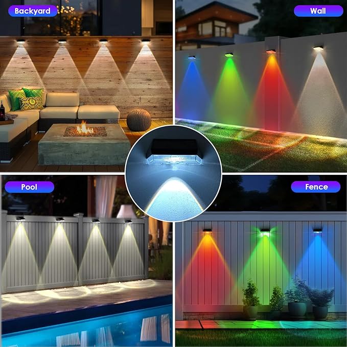 Solar Fence Lights Outdoor - Warm White & RGB 6 Color, Dusk to Dawn Deck Lights, IP65 Waterproof Solar Outdoor Lights for Fence/Backyard/Railing/Step/Patio/Wall (6 Pack)