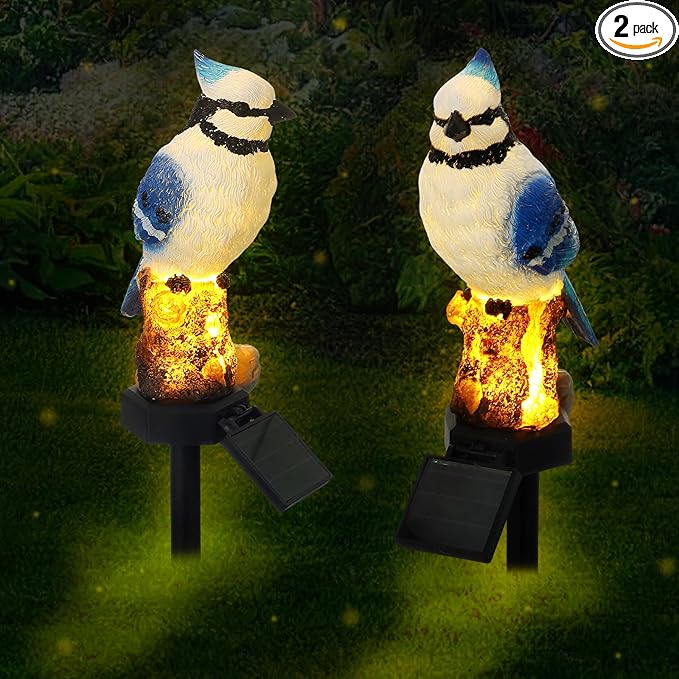 2 Pack Blue Jay Solar Lights Blue Jay Outdoor Decor Bluebird Solar Light Bird Figurine Garden Stake for Pathway Garden Lawn Yard Cemetery Decoration