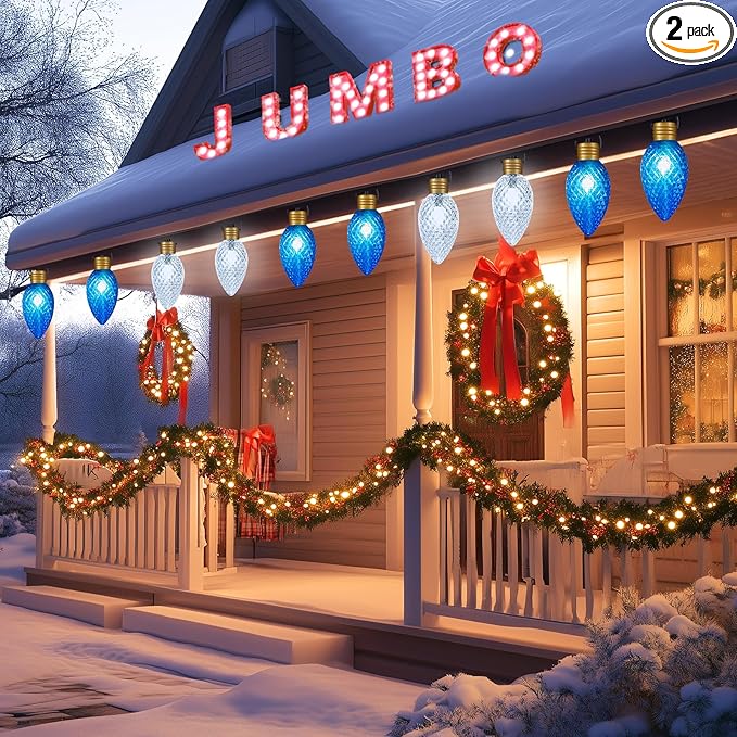 2 Pack 11Feet 5 LED Super Jumbo Christmas String Lights or Pathway Marker Lights, Outdoor Xmas Decorations- Jumbo C9 Hanging Lights Waterproof Lawn Dec for Holiday Home Tree Roof Yard, Blue & White