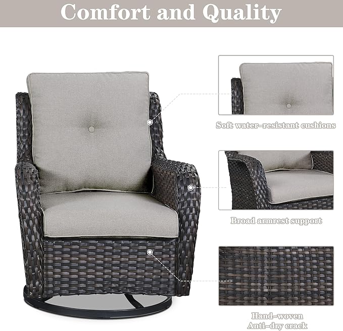 5 Pieces Patio Furniture Sets Wicker Outdoor Furniture, Rattan Patio Swivel Glider Chairs with 2 Ottoman and Glass Side Table