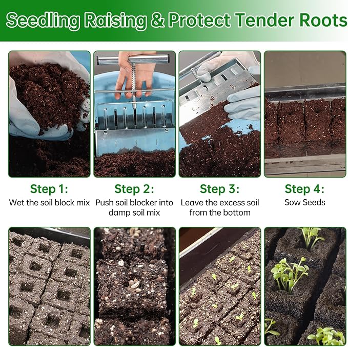 Soil Blocker, 4 Cell Soil Block Maker 2 Inch with 3 Sizes Seed Pins, Seed Handheld Block Maker with Comfortable Handle, Garden Blocking Tools for Seedings, Cuttings, Greenhouses