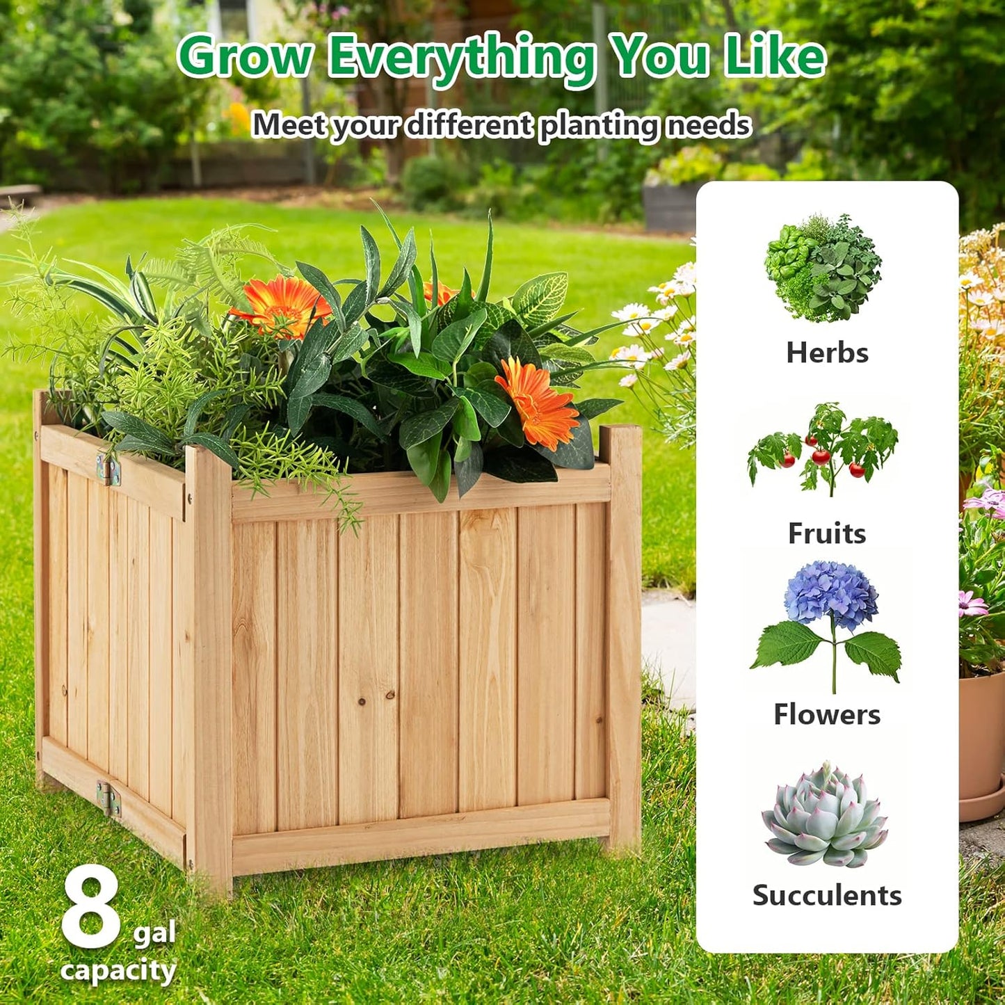 Giantex 15” Planter Raised Garden Bed - Wooden Planting Box, Outdoor Folding Square Planter w/Removable Bottom, Premium Drainage System for Herbs, Fruits, Flowers, Succulents, Simple Assembly