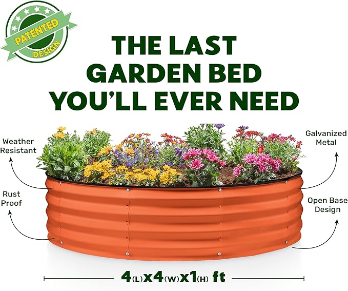 Round Galvanized Raised Garden Bed // 4×4×1 ft (2-Pack) Galvanized Raised Garden Beds Outdoor for Gardening, Vegetables, Flowers // Patented Tool-Free Design Round Planter (Orange)