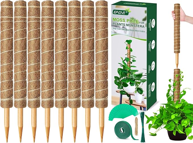 EAONE Moss Pole 168 Inch, 8 Pack 21" Monstera Plant Support for Climbing Potted Live Plants Indoor, Stackable Coco Coir Moss Sticks Monstera Stakes for Pothos Philodendron, with Garden Labels & Ties