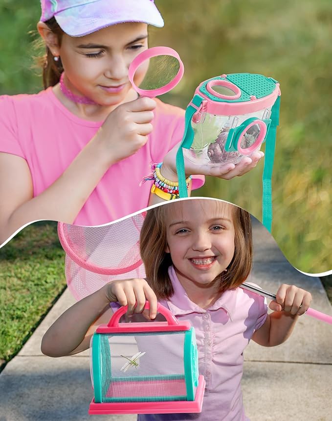 ROBUD Kids Explorer Kit, Bug Catcher Kit with Bag Kit, Pink Outdoor Exploration Set for Camping, Montessroi Toy for Kids Coming Closer to Nature,WRP28