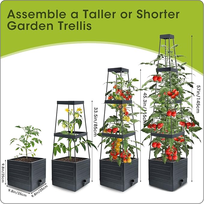 MQFORU Raised Garden Bed, 57" Tomato Planter with Trellis, Tomato Cages for Climbing Vegetables Plant, Self Watering Tomato Support Box for Garden Pots, Use for Patios Greenhouse Indoor Outdoor(1Pc)