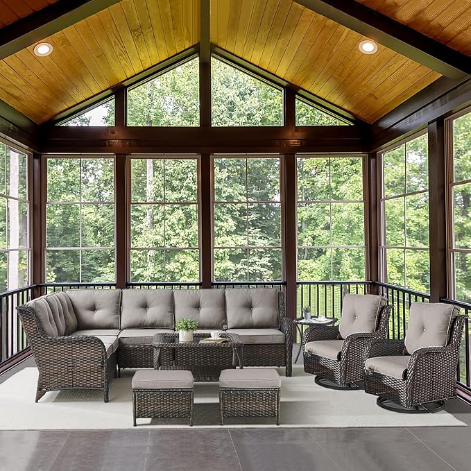 Outdoor Furniture Sectional Sofa L Shaped Couch - Patio Wicker Set with 2 Swivel Glider Chairs, 8 Piece Rattan Patio Conversation Sets with Gray Cushion for Deck Backyard Sunroom Grey Cushion