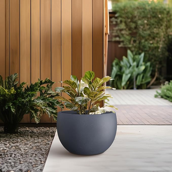 Kante 11.8" Dia Round Concrete Planter, Outdoor/Indoor Large Bowl Plant Pots with Drainage Hole and Rubber Plug for Garden Patio Balcony Home, Charcoal