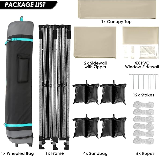 COBIZI 10x20 Canopy with Sidewalls, Heavy Duty Party Tent Pop up carpas para Fiestas, Tents for Parties, Wedding, Outdoor Easy Pop up Foldable Portable Canopy Tent with Wheeled Bag, Khaki Upgrade