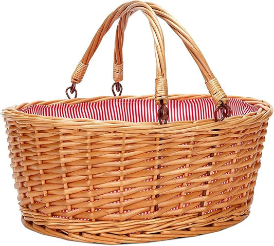 Wicker Picnic Basket with Double Folding Handles, Natural Large Willow Hamper Empty Basket Cheap Easter Eggs Candy Storage Wine Basket for Toy, Flower, Wedding(Red 16inch)