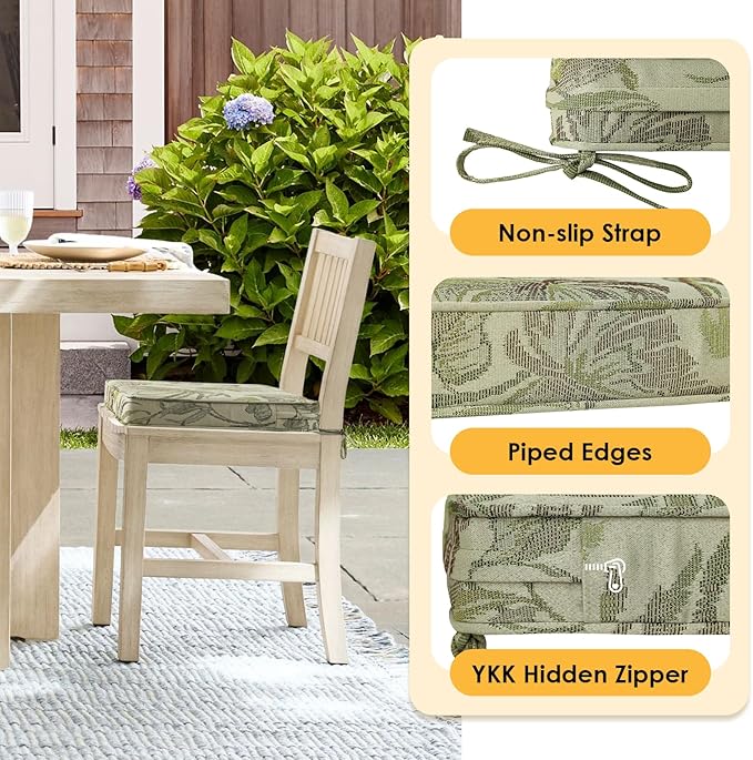 Outdoor Square Corner Seat Cushion, 19"x19"x3", Set of 4, Non Slip Seat Cushion Pads with Removable Cover for Patio Furniture, Garden Yard Lawn, Dark Green Vine