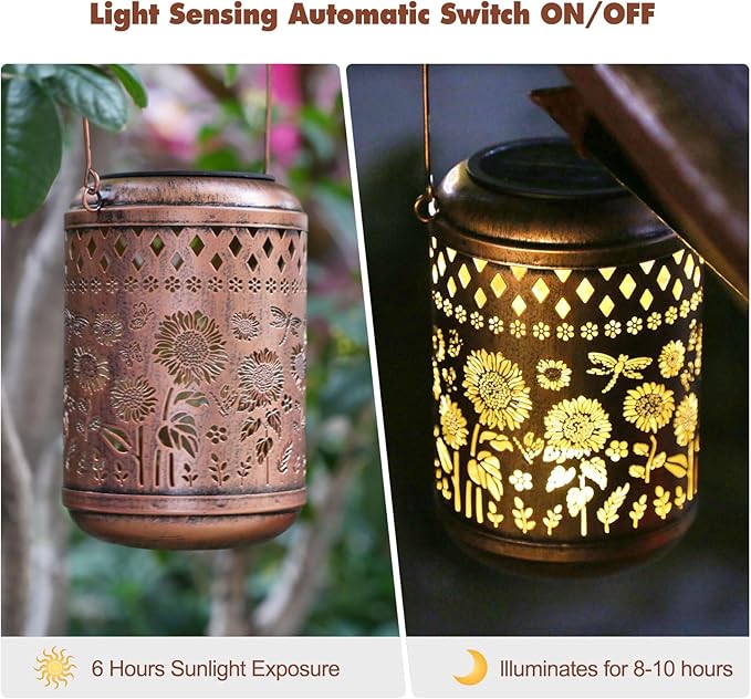Kaixoxin 2 Pack Solar Garden Decor Metal Lantern Sunflower Table Lamp Bronze Outdoor Dercoration Great Gift for Women Mon Grandma Hanging Lights for Patio Courtyard Garden