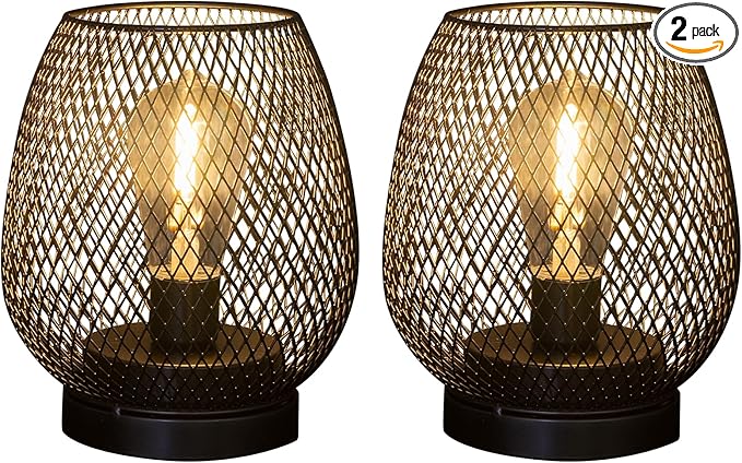 2 Pack Battery Operated Lamp Outdoor Table Lantern,Metal Cage Cordless Lamps with LED Bulb for Weddings Parties Patio Events Indoor Outdoor Patio Bedroom Living Room(Black