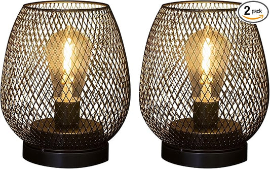 2 Pack Battery Operated Lamp Outdoor Table Lantern,Metal Cage Cordless Lamps with LED Bulb for Weddings Parties Patio Events Indoor Outdoor Patio Bedroom Living Room(Black