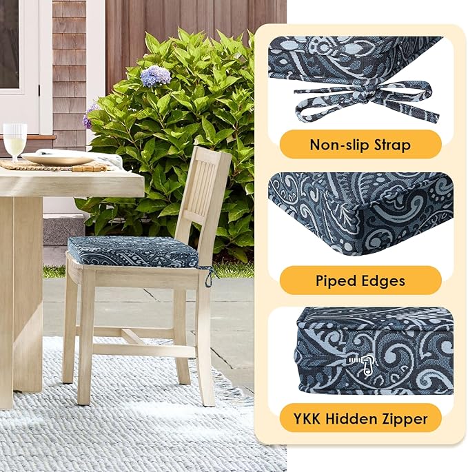 Outdoor Square Corner Seat Cushion, 19"x19"x3", Set of 4, Non Slip Seat Cushion Pads with Removable Cover for Patio Furniture, Garden Yard Lawn, Damask Vine
