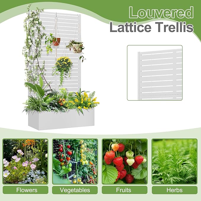 Trellis for Climbing Plants Outdoor,Mental Garden Bed with Drainage Holes Outdoor Privacy Screen Design Tall planters for herb Flower Vegetables 73"x35"x16", White-Louvered