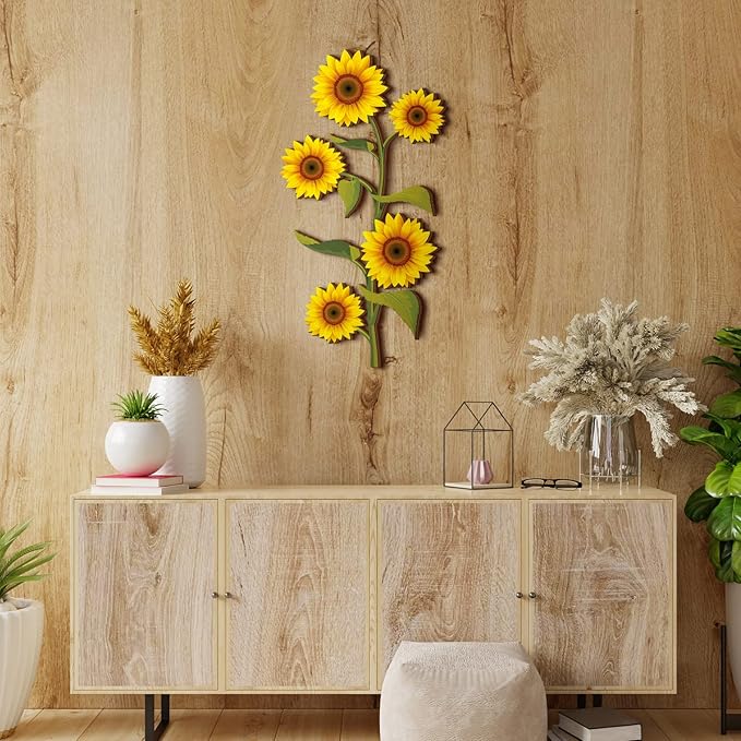 Ferraycle Wooden Sunflower Wall Decor Hanging Sunflower Outdoor Decor Rustic Flower Wall Art Yellow Large Farmhouse Wooden Signs for Indoor Bathroom Porch Patio Bedroom Accessories(Sunflower,Wooden)