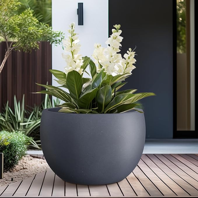 Kante 19.9" Dia Round Concrete Planter, Outdoor/Indoor Large Bowl Plant Pots with Drainage Hole and Rubber Plug for Garden Patio Balcony Home, Dark Gray