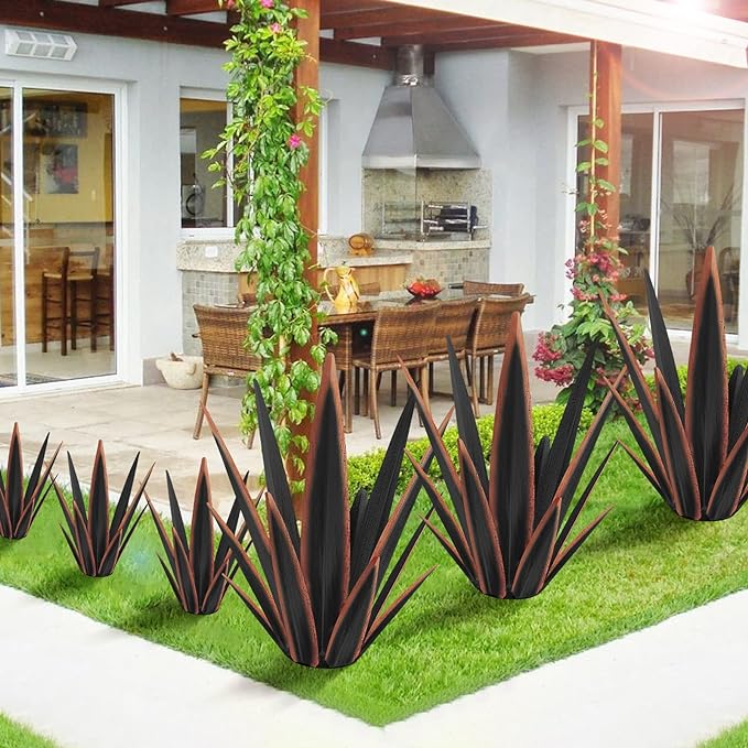 Large Tequila Rustic Sculpture, Rustic Metal Agave Plants for Outdoor Patio Yard, Home Decor Hand Painted Metal Agave Garden Yard Statue, Outdoor Lawn Ornaments Yard Stakes (Black - M)