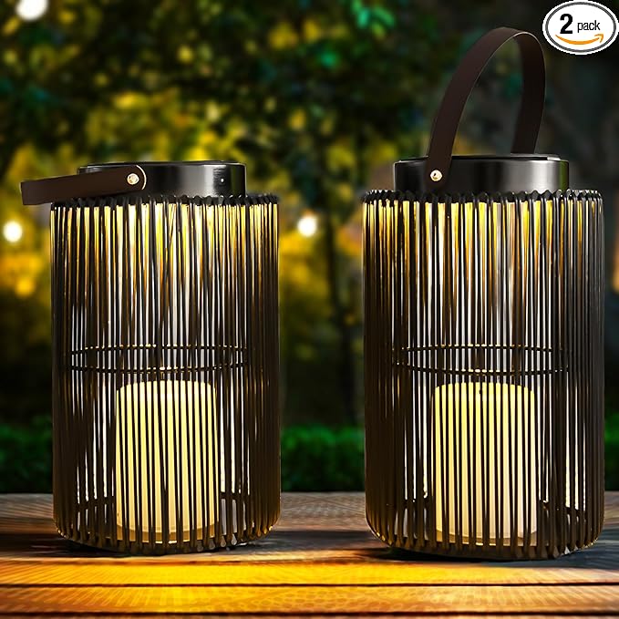 2 Pack Solar Lanterns for Outdoor Waterproof, ZBLUXBZ Outdoor Table Lamp for Outside Hanging Solar Lights, LED Garden Cordless Lights Perfect for Patio and Pathway Lighting (11-inch Height,Black)