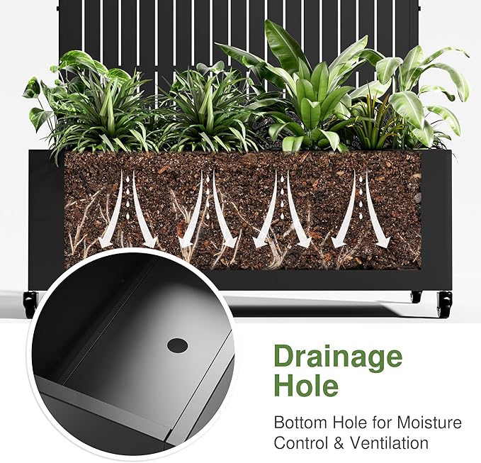 Casaphoria Metal Raised Garden Bed with Trellis and Wheels, 72"x47"x16" Planter Box for Climbing Plants, Vegetables & Vines, Features Drainage Holes and Privacy Screen (Black)