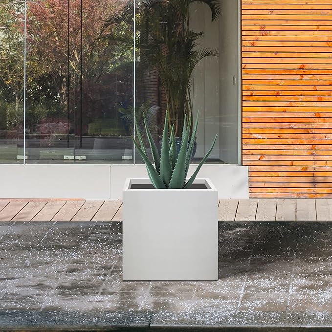 Kante 10 Inch Square Concrete Planter for Outdoor Indoor Home Patio Garden, Large Plant Pot with Drainage Hole and Rubber Plug, Pure White