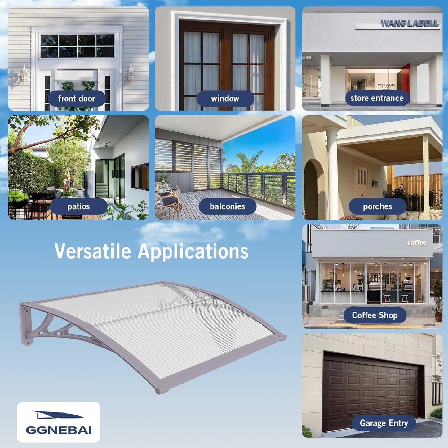 Awning for Door Entrance,32x120 inches Window Awnings for Doors Canopy Polycarbonate Cover Patio Door Awning UV Rain Snow Sunlight Protection Hollow Shee