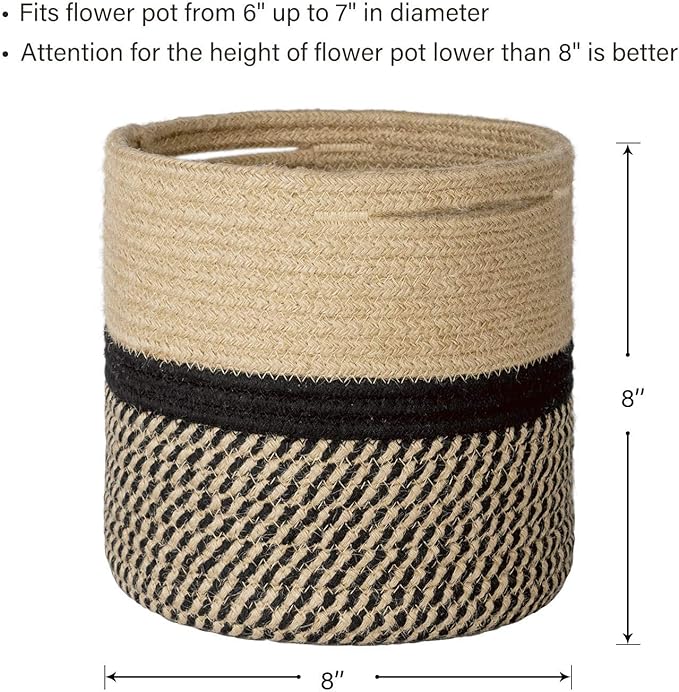 TIMEYARD Sturdy Jute Rope Plant Basket Modern Woven Basket up to 7.5 Inch Flower Pot Floor Indoor Planters, 8” x 8” Storage Organizer Basket Rustic Home Decor, Black Stripes