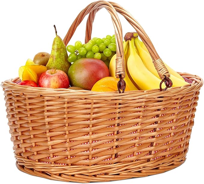 Wicker Picnic Basket with Double Folding Handles, Natural Large Willow Hamper Empty Basket Cheap Easter Eggs Candy Storage Wine Basket for Toy, Flower, Wedding(Red 16inch)