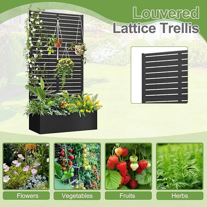 Trellis for Climbing Plants Outdoor,Mental Garden Bed with Drainage Holes Outdoor Privacy Screen Design Tall planters for herb Flower Vegetables 73"x35"x16", Black-Louvered
