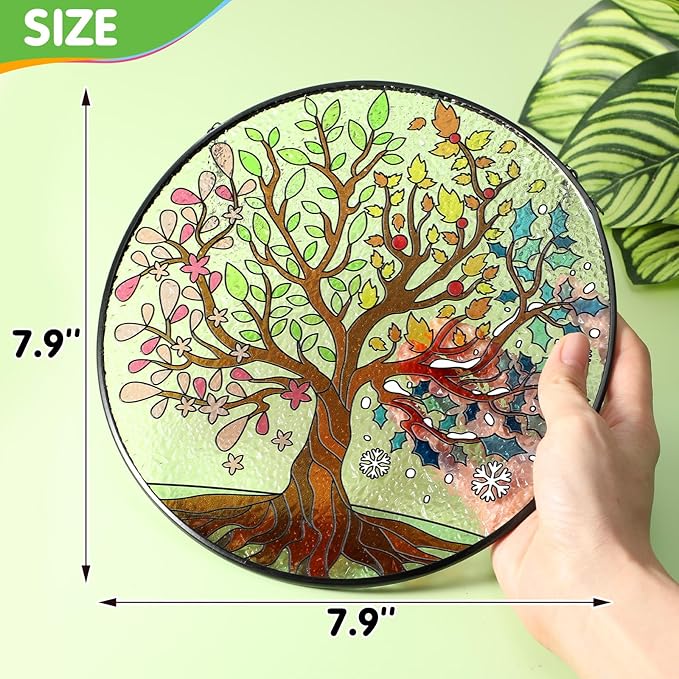 Tuitessine Big Size Tree of Life Stained Glass Suncatcher Four Season Theme Colorful Leaves Wall Window Hanging Ornament Hand-Painted Glass Panel Gift for Women Christmas Thanksgiving Gift 7.9 × 7.9”