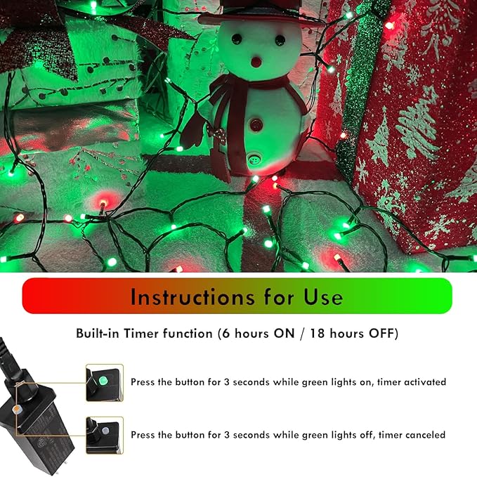 2 Pack Christmas String Lights Indoor Outdoor, Super Bright 66FT 200 LED String Lights Waterproof, Twinkle Xmas Lights with Timer for Christmas Tree Decorations (Red and Green)