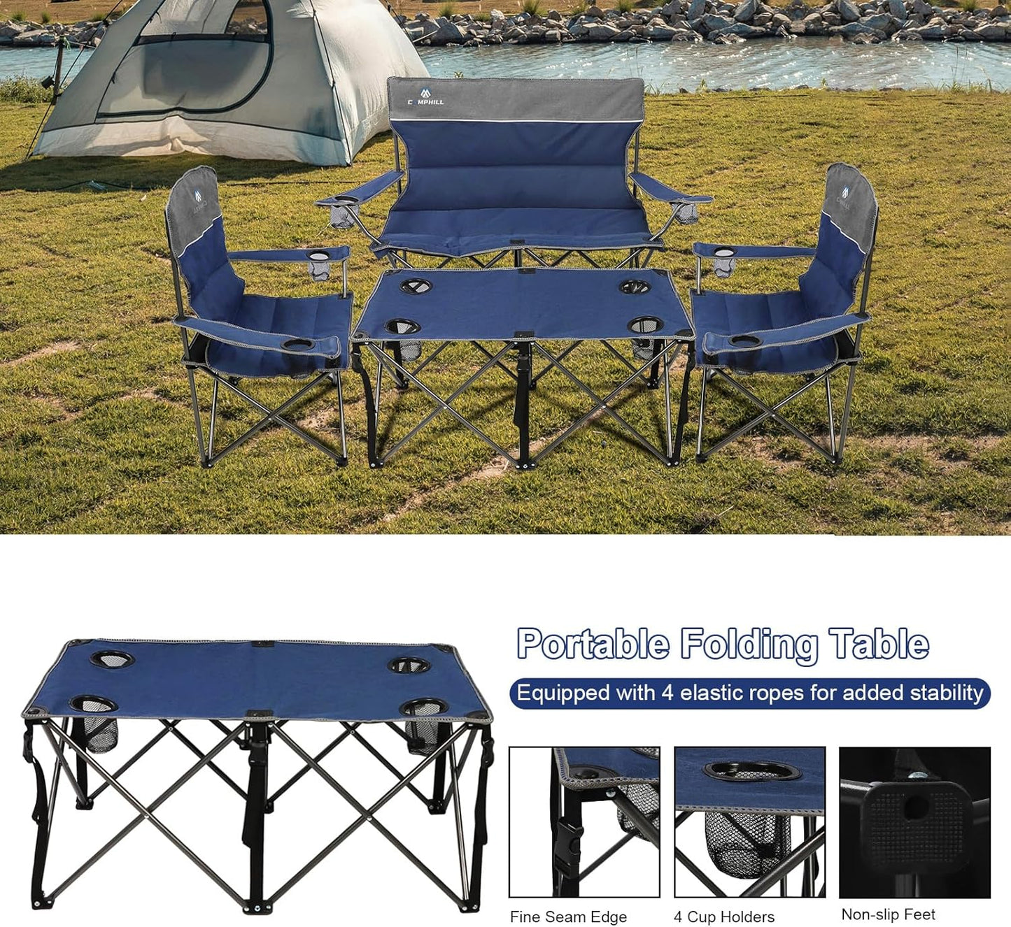 CAMPHILL Camping Chair Set of 3, Outdoor Folding Camping Chairs for Heavy People with Cup Holder & Carry Bag,Collapsible Chair Include One Sofa Chair and Two Single Chair,Support up to 500lbs